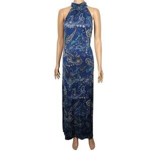 NWT Ariella Women's Mock/High Neck Sleeveless Blue Pattern Slit Maxi Dress Sz L